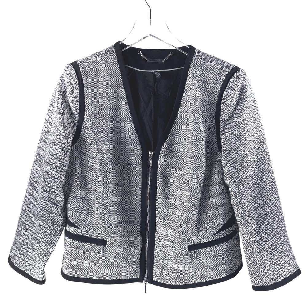 White House Black Market Black White Textured Zip Front Blazer Jacket Size 14
